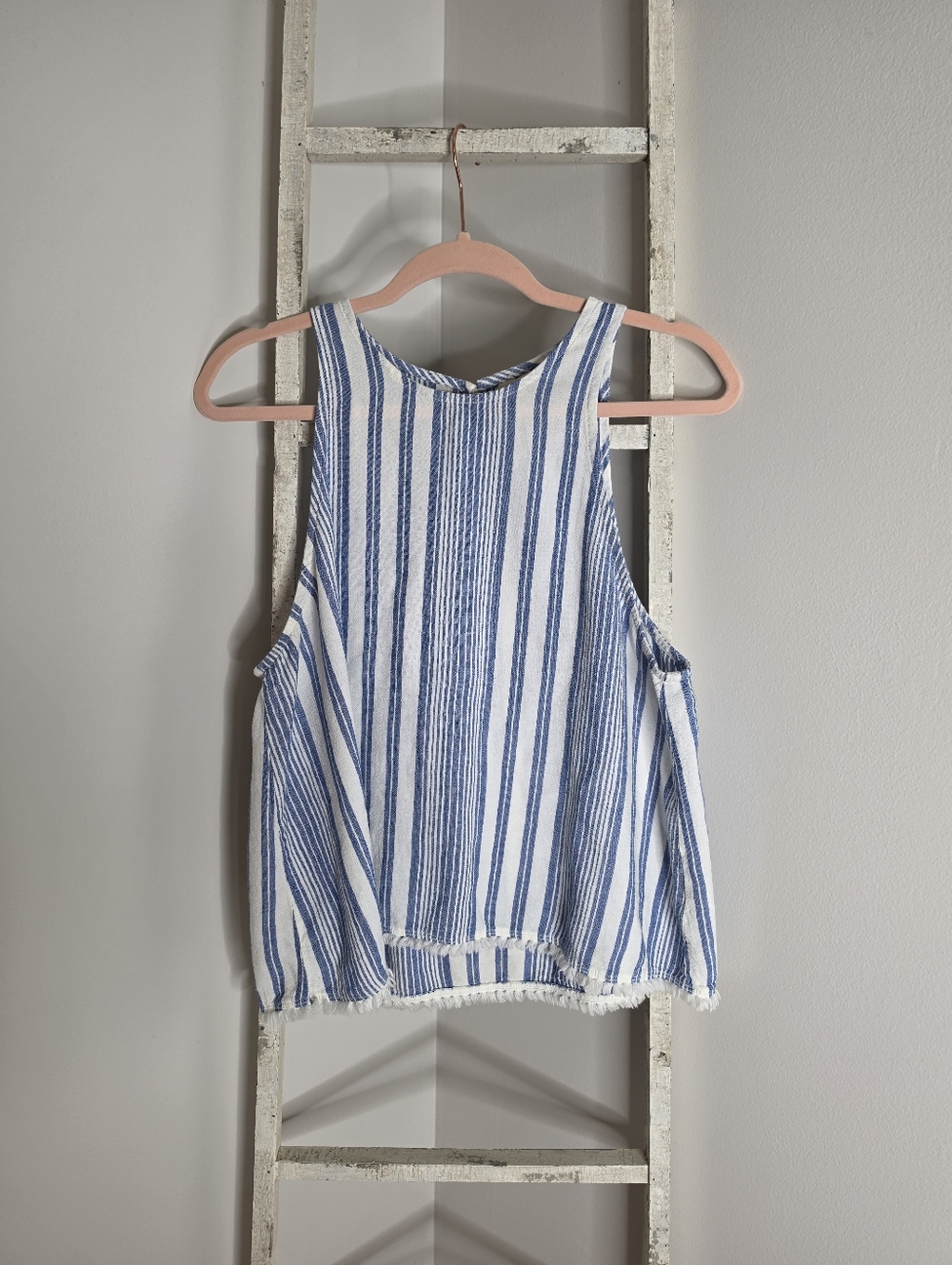 Cloth & Stone Women's Large Linen Blend Fringe Sleeveless Blue White Stripe Top